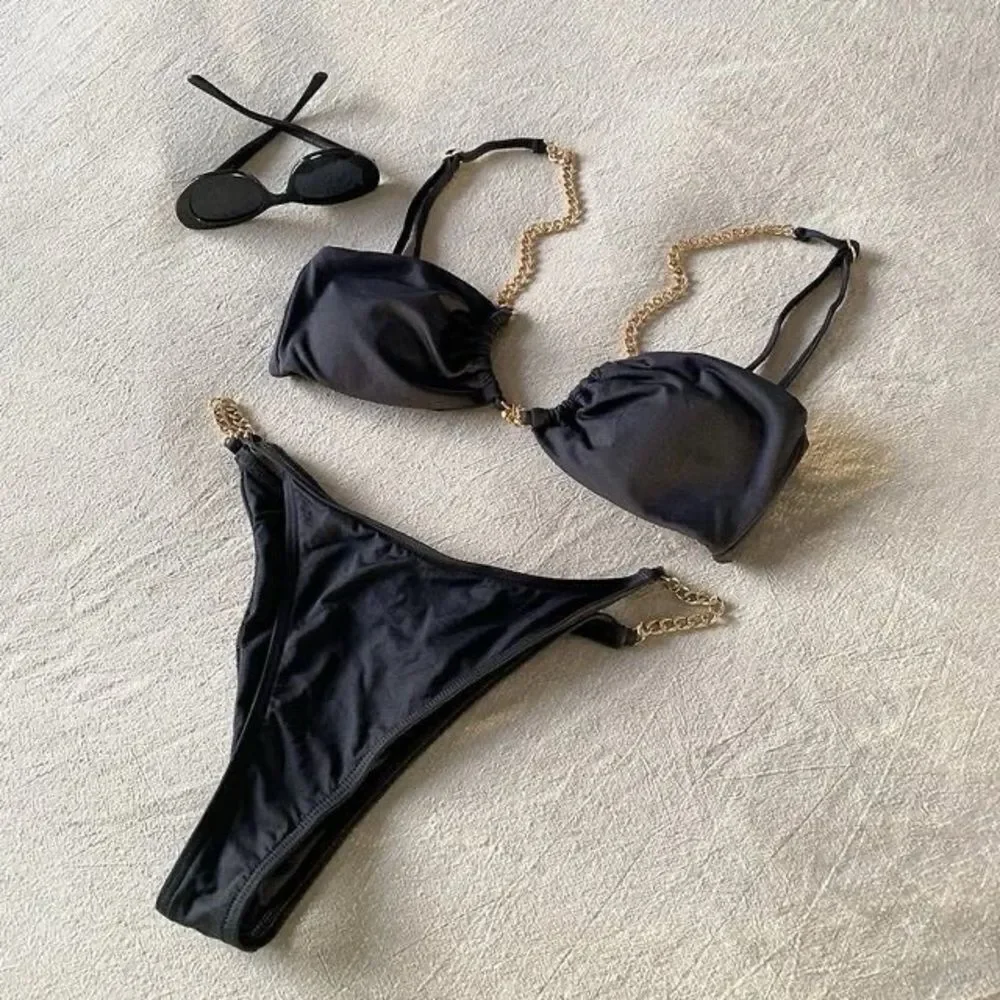 L*Space Van Damme Bikini Bottom Black & Gold Chain Bitsy Size Small NEW